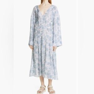 Vince Dahlia V Neck Long Sleeve Midi Dress Light Blue Floral Vacation Coastal